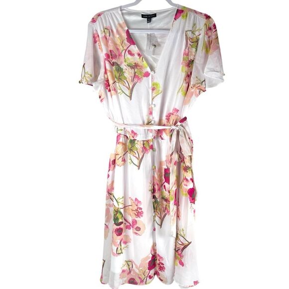 Lane Bryant White Chiffon Floral button up Flutter Sleeve Dress Women’s Size 14 - Picture 1 of 13